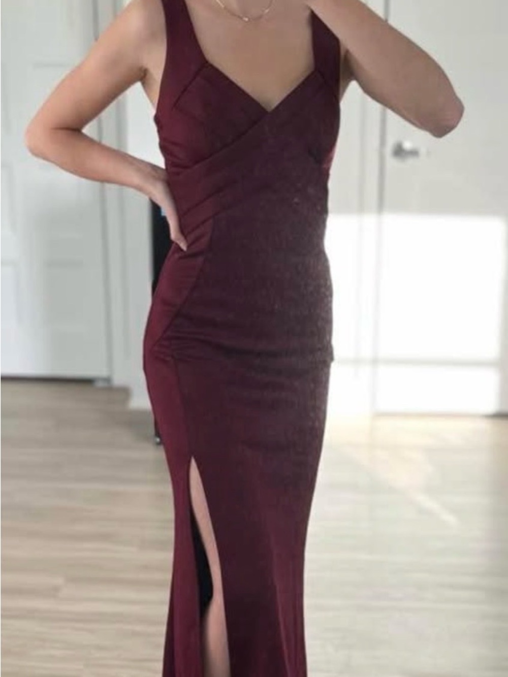 Le Chateau Burgundy Sleeveless V-Neck Prom Gown